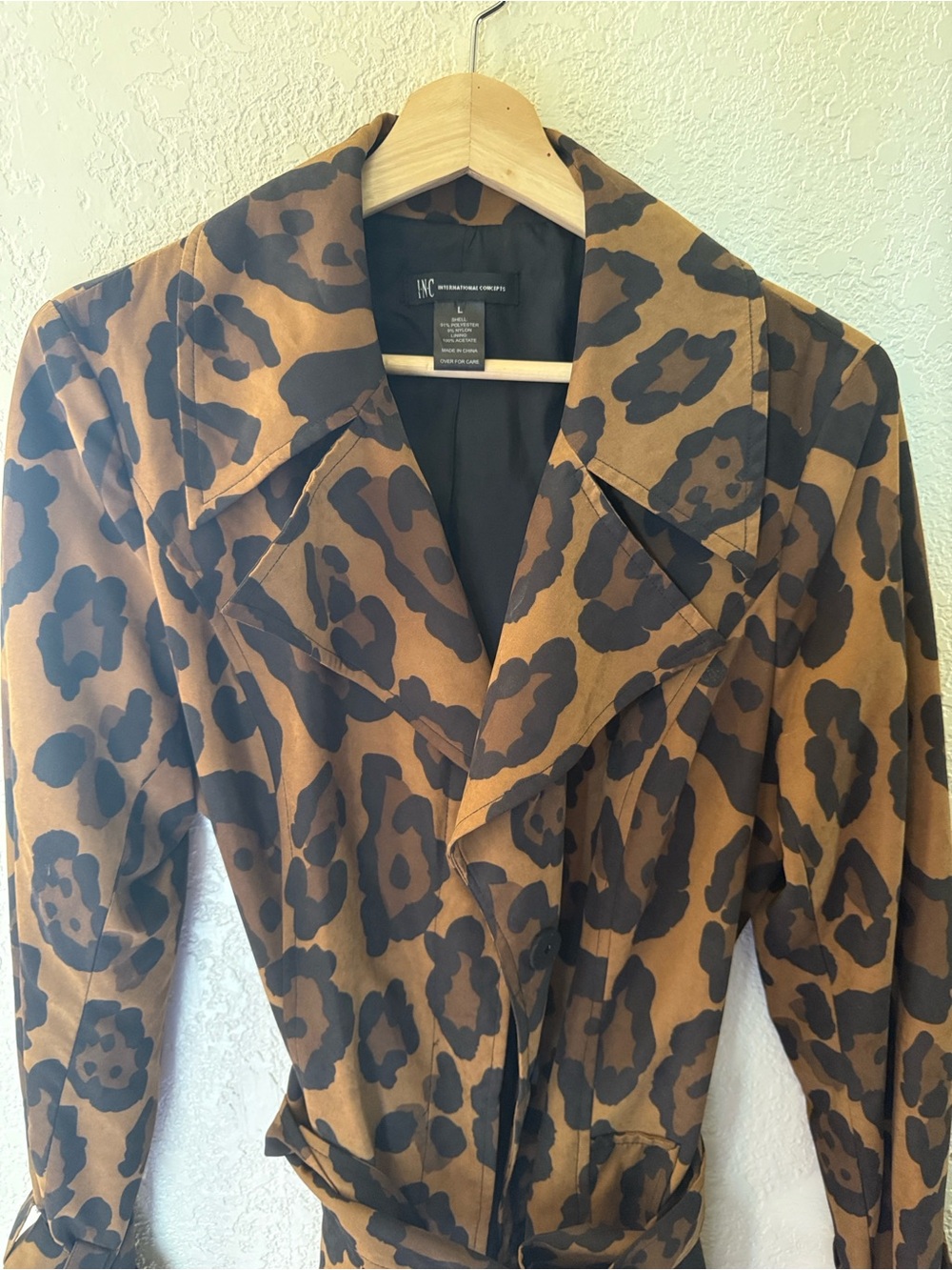 INC International Concepts Tan and Black Leopard-Print Trench Coat